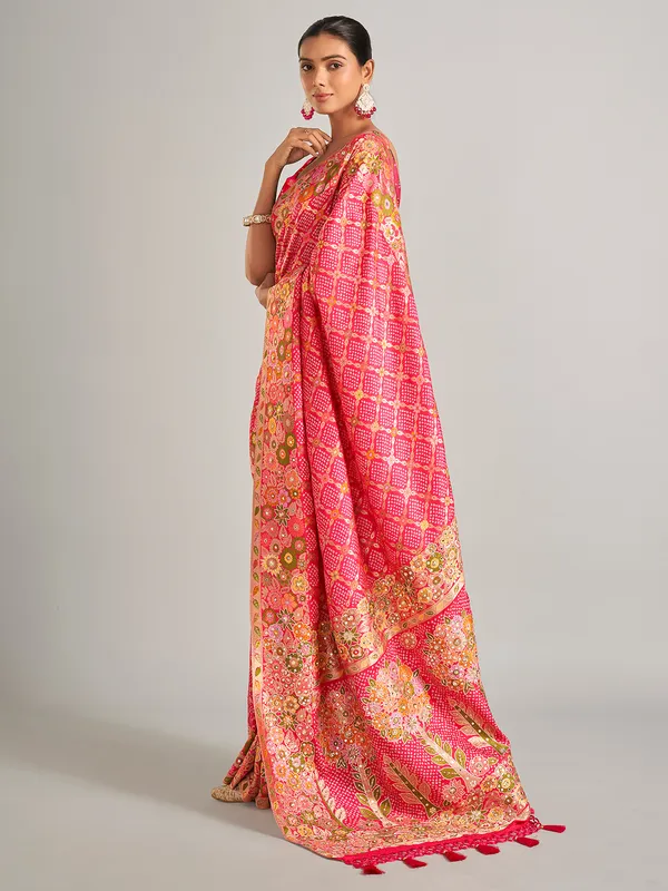 Bandhani printed pink silk saree