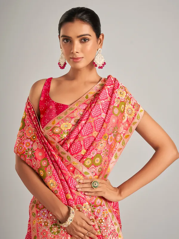 Bandhani printed pink silk saree