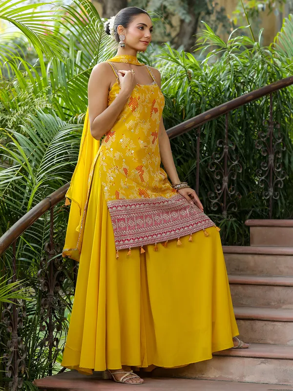 Bandhani printed yellow silk palazzo suit