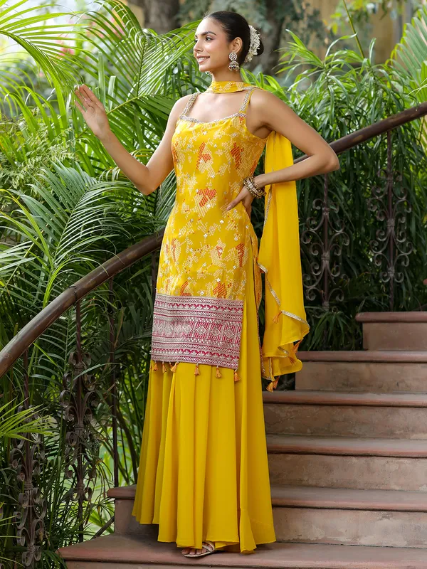Bandhani printed yellow silk palazzo suit