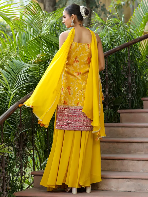 Bandhani printed yellow silk palazzo suit