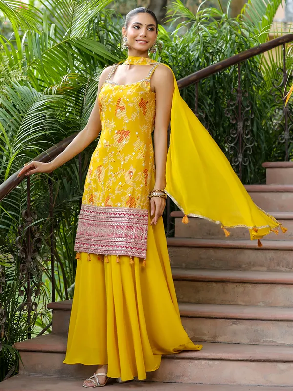 Bandhani printed yellow silk palazzo suit