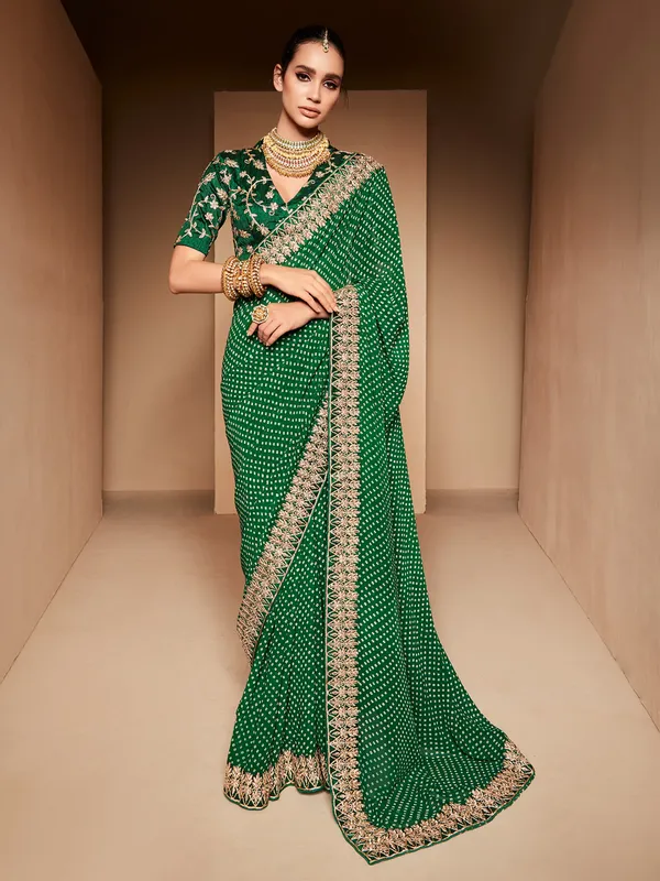 Bandhej printed green georgette saree