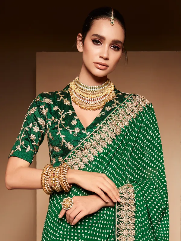 Bandhej printed green georgette saree