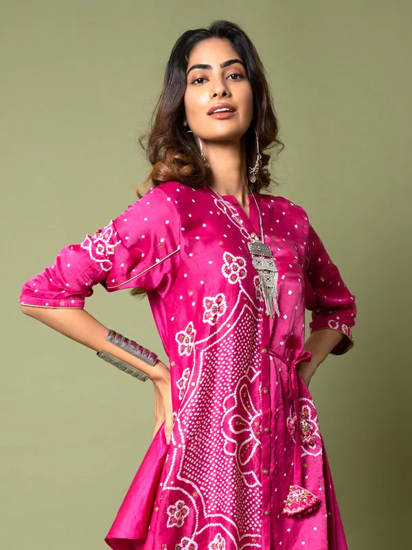 Bandhej printed magenta silk dhoti suit