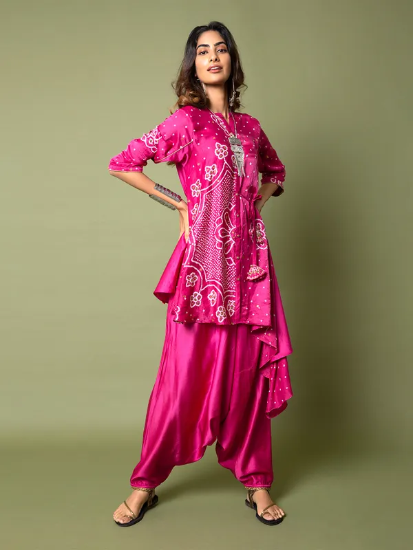 Bandhej printed magenta silk dhoti suit