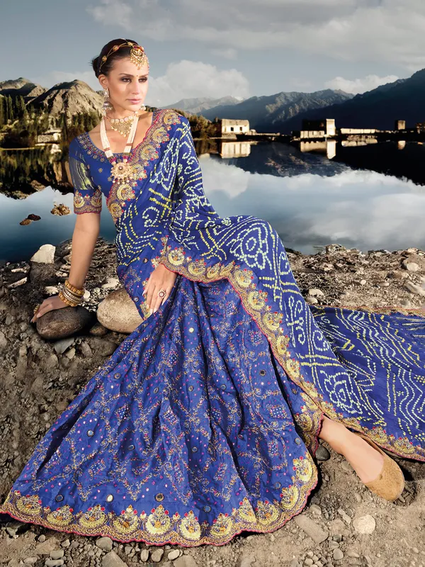 Bandhej printed satin blue saree