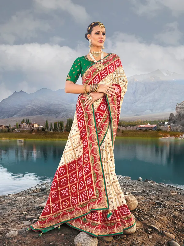 Bandhej printed white satin saree