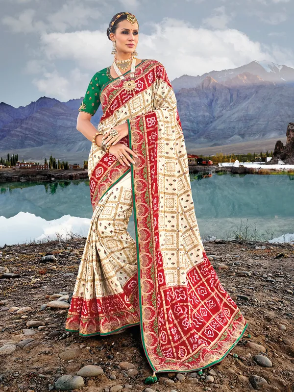 Bandhej printed white satin saree