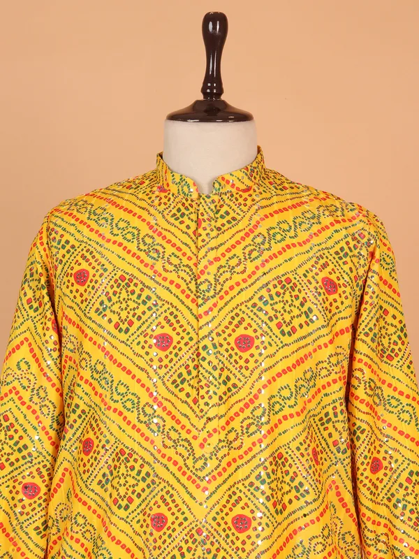 Bandhej printed yellow cotton kurta suit