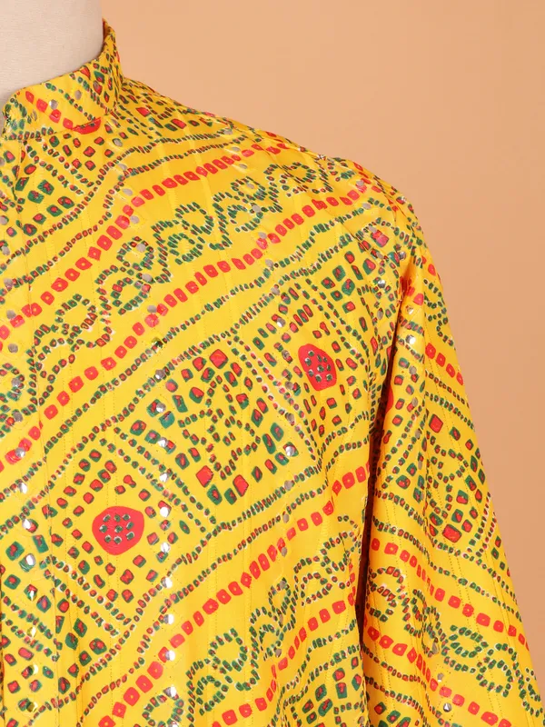 Bandhej printed yellow cotton kurta suit