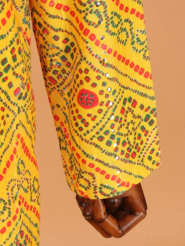 Bandhej printed yellow cotton kurta suit
