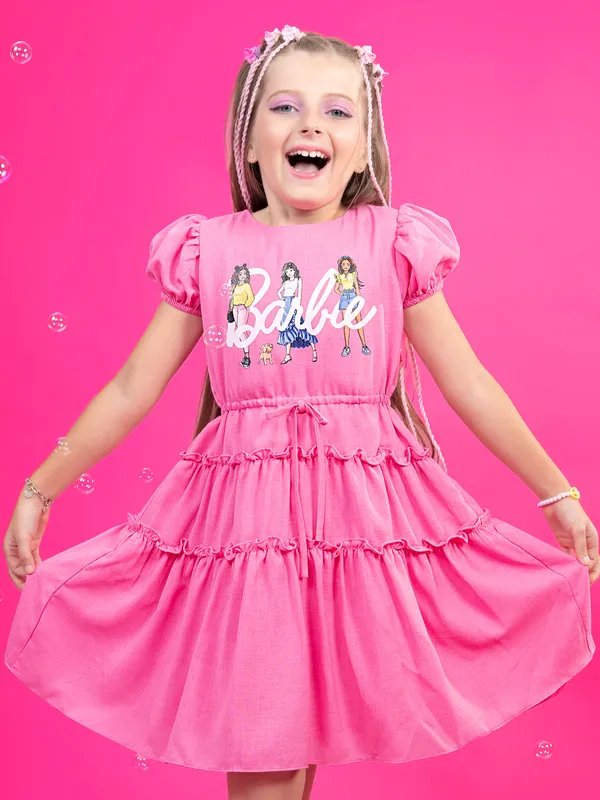 BARBIE cotton printed pink frock