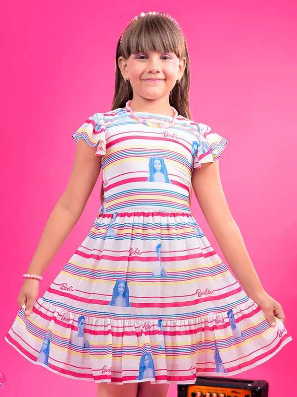 BARBIE white and pink stripe frock