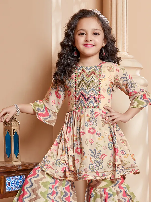 Beautiful beige cotton printed sharara suit