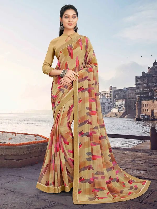 Beautiful beige printed georgette saree