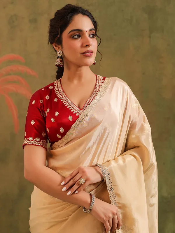 Beautiful beige silk saree for wedding wear