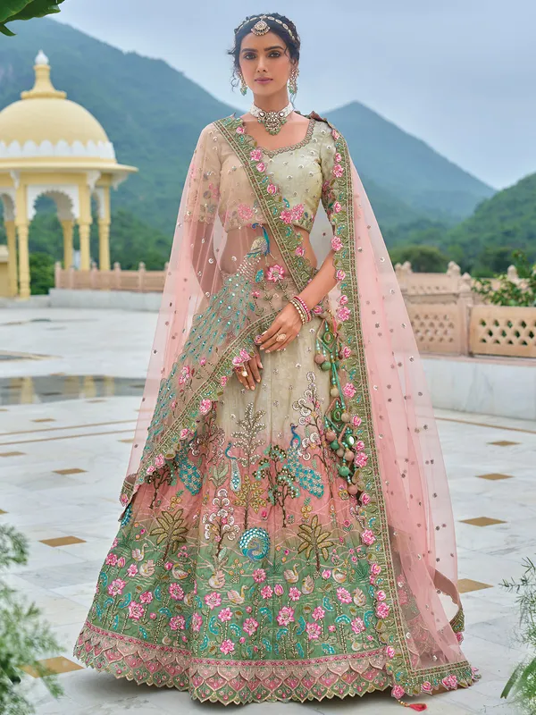 Beautiful beige silk wedding wear lehenga choli