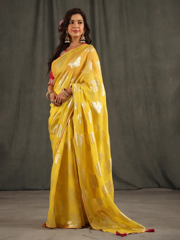Beautiful bright yellow organza saree