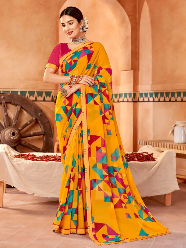 Beautiful bright yellow printed saree