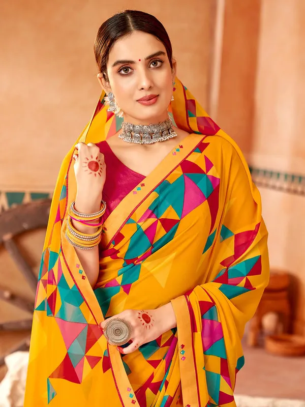 Beautiful bright yellow printed saree