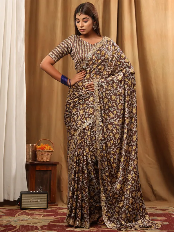 Beautiful brown printed satin saree for festive