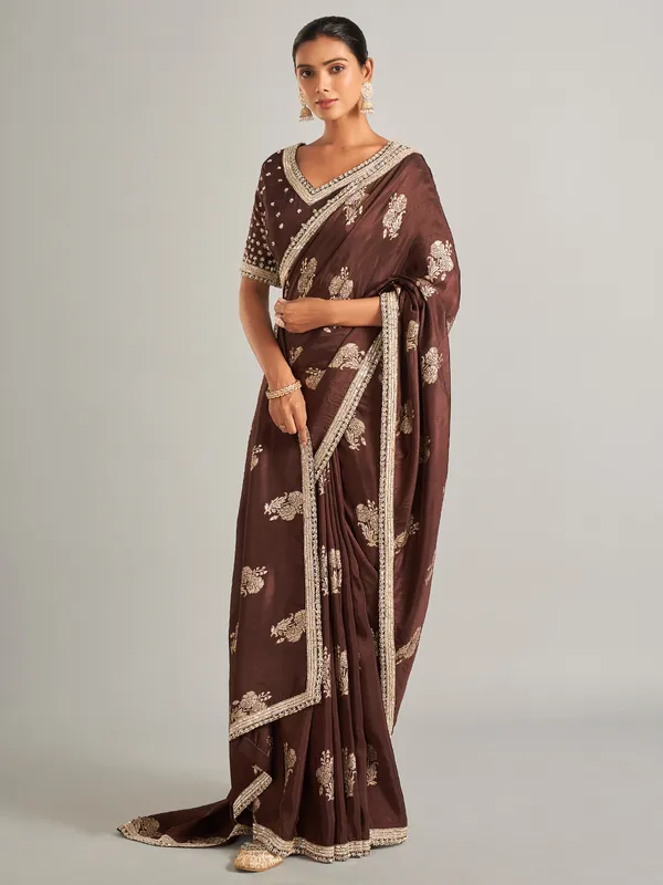 Beautiful brown silk saree in zari work