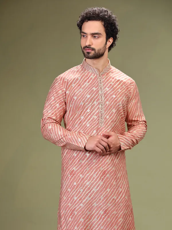 Beautiful coral pink printed cotton silk  Men Kurta pajama