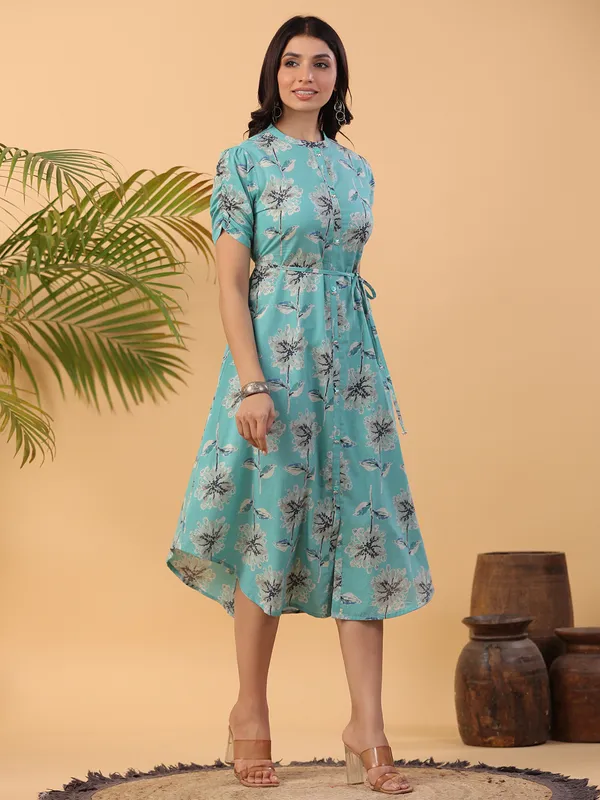 Beautiful cotton printed aqua kurti