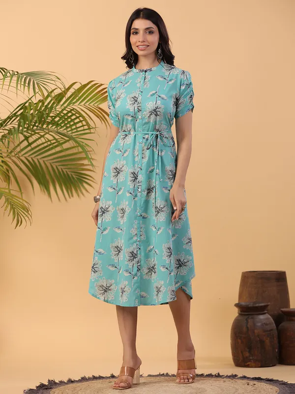 Beautiful cotton printed aqua kurti