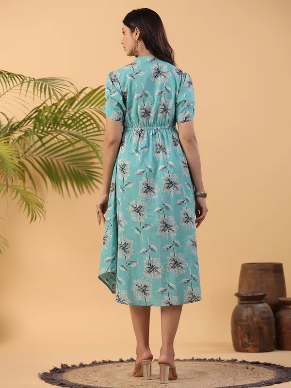 Beautiful cotton printed aqua kurti