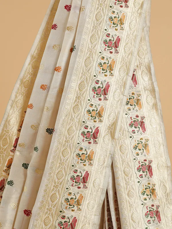 Beautiful cream banarasi silk saree