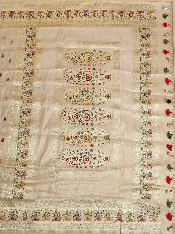 Beautiful cream banarasi silk saree