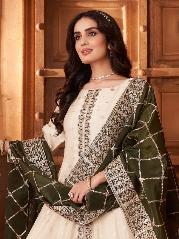 Beautiful cream silk palazzo suit with dupatta