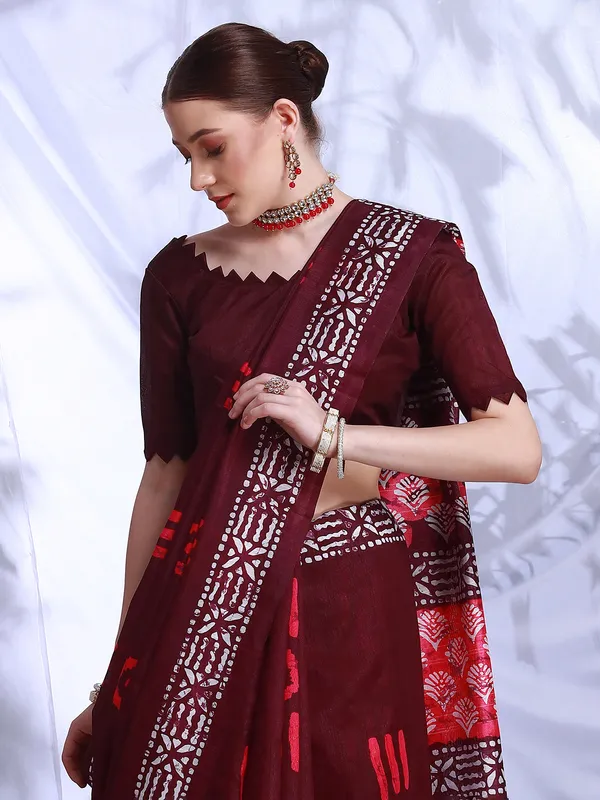 Beautiful dark brown bhagalpuri silk saree with prints