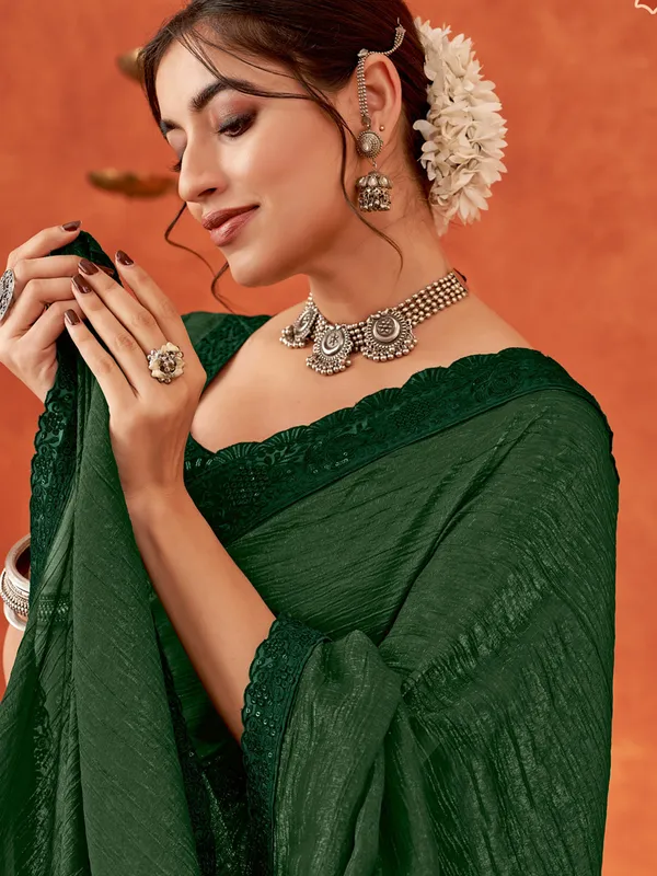 Beautiful dark green chiffon saree