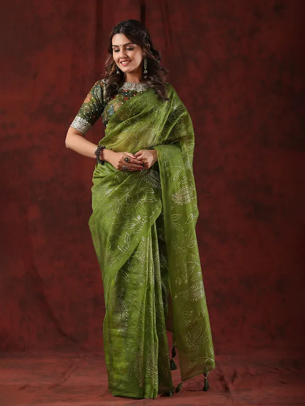 Beautiful dark green organza saree