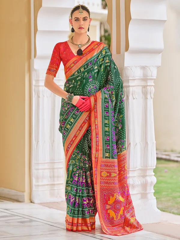 Beautiful dark olive printed silk saree