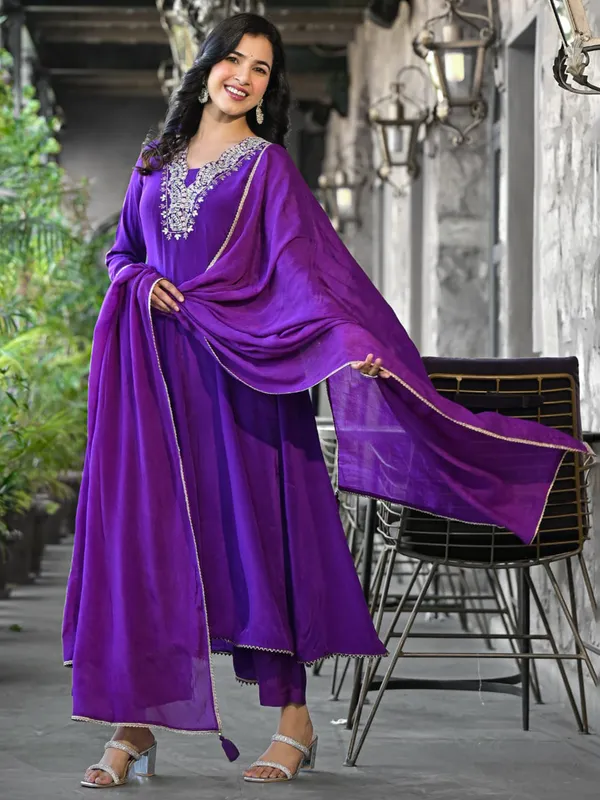 Beautiful dark purple satin silk kurti set