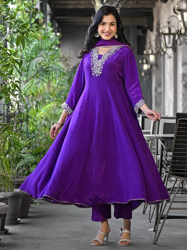 Beautiful dark purple satin silk kurti set
