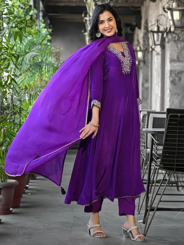 Beautiful dark purple satin silk kurti set