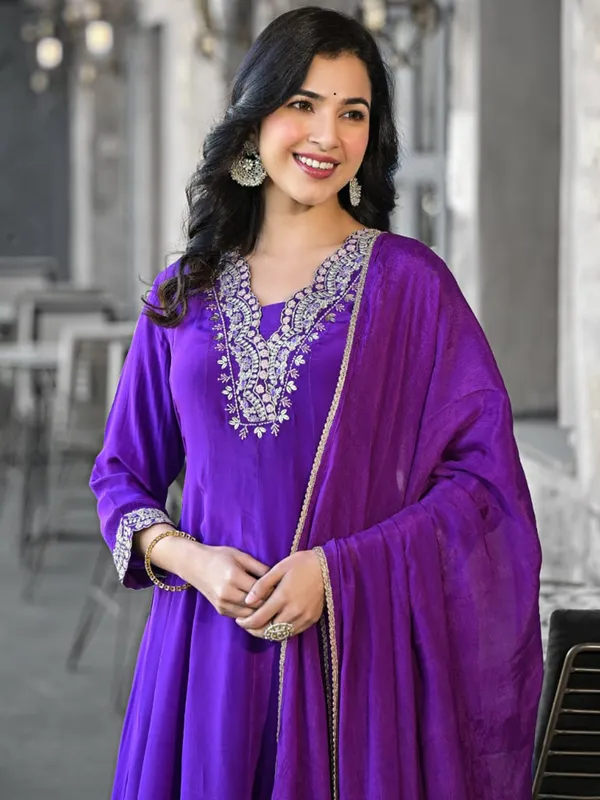 Beautiful dark purple satin silk kurti set