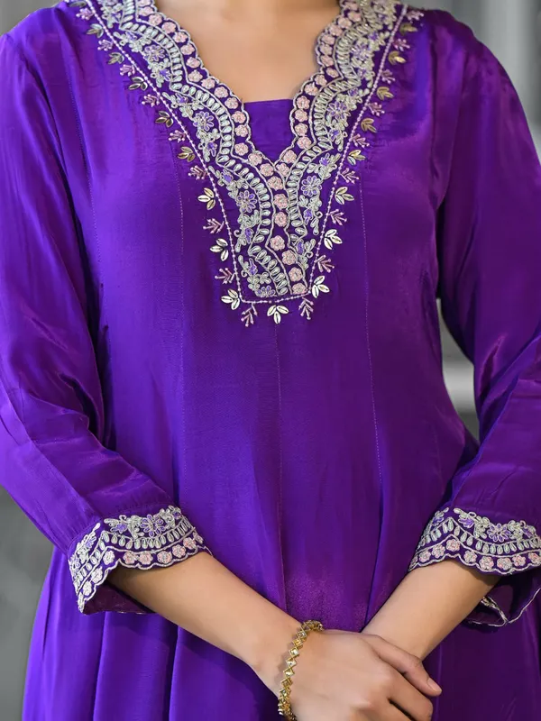 Beautiful dark purple satin silk kurti set