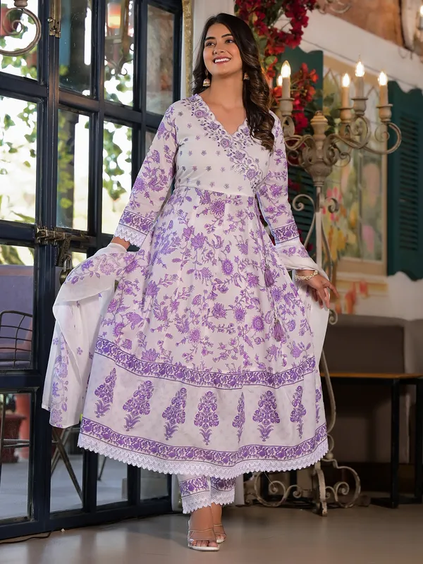 Beautiful floral print white and purple kurti set