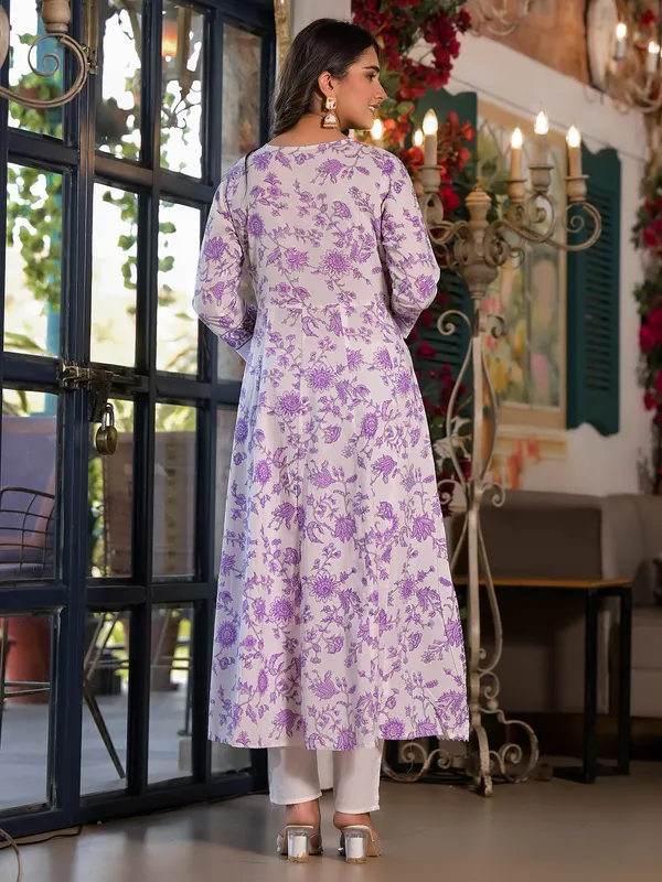 Beautiful floral print white and purple kurti set