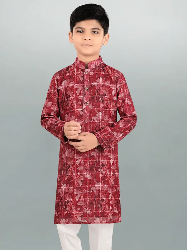 Beautiful flower printed wine kurta suit for festival for boys