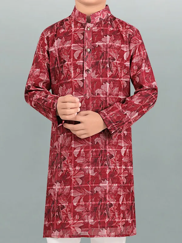 Beautiful flower printed wine kurta suit for festival for boys