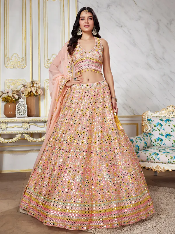 Beautiful georgette peach lehenga choli with dupatta