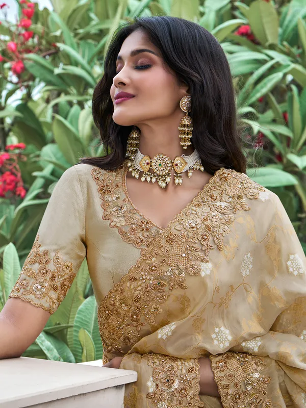 Beautiful golden saree in tissue silk