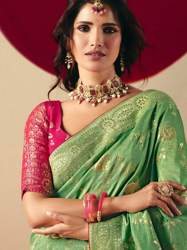Beautiful green dola silk saree for festive